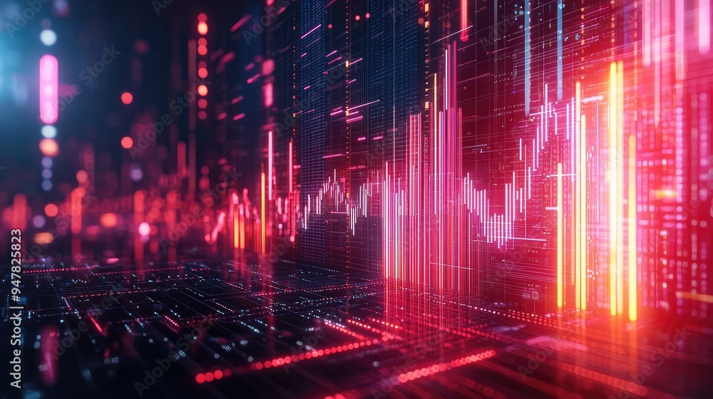 Poster vibrant data visualization featuring neon colors and dynamic patterns, perfect for technology and fi