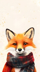 Obraz premium A cute fox wearing a cozy scarf smiles warmly against a soft background, evoking feelings of warmth and charm