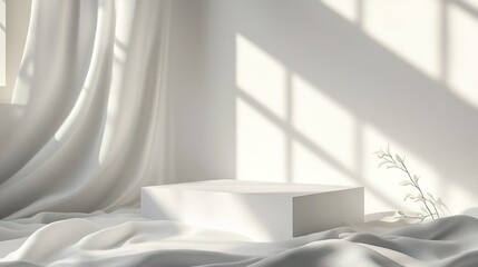Minimalist White Rectangular Podium Draped with White Silk on a White Background, Featuring a Clean and Elegant Design.