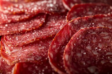 Obraz premium Slices of cured meat glistening with salt arranged on a wooden surface in warm lighting during early evening hours