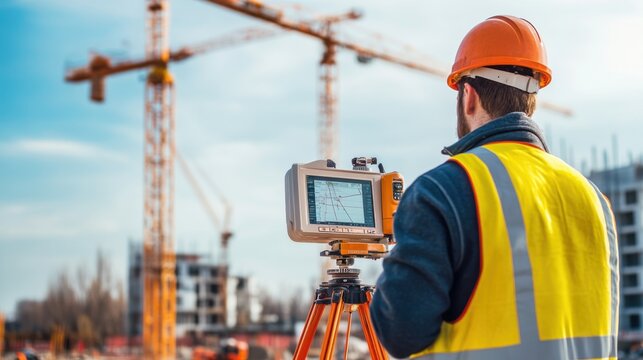 A construction worker uses a surveying instrument on a building site, showcasing industry technology and site management.