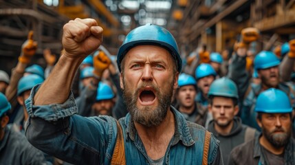 Fototapeta premium Industrial laborers initiate a strike. Workers wearing construction helmets protest for better work conditions and increased wages.