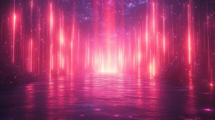 3d render abstract neon backgroun3d with clou3d glowing vertical lines an3d water fantastic seascape