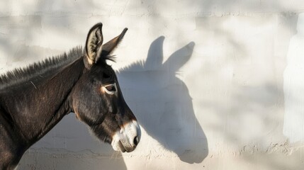 The donkey is positioned near a soft-lit wall, its side profile highlighting distinct features while casting a prominent shadow that echoes its form, all under gentle morning illumination