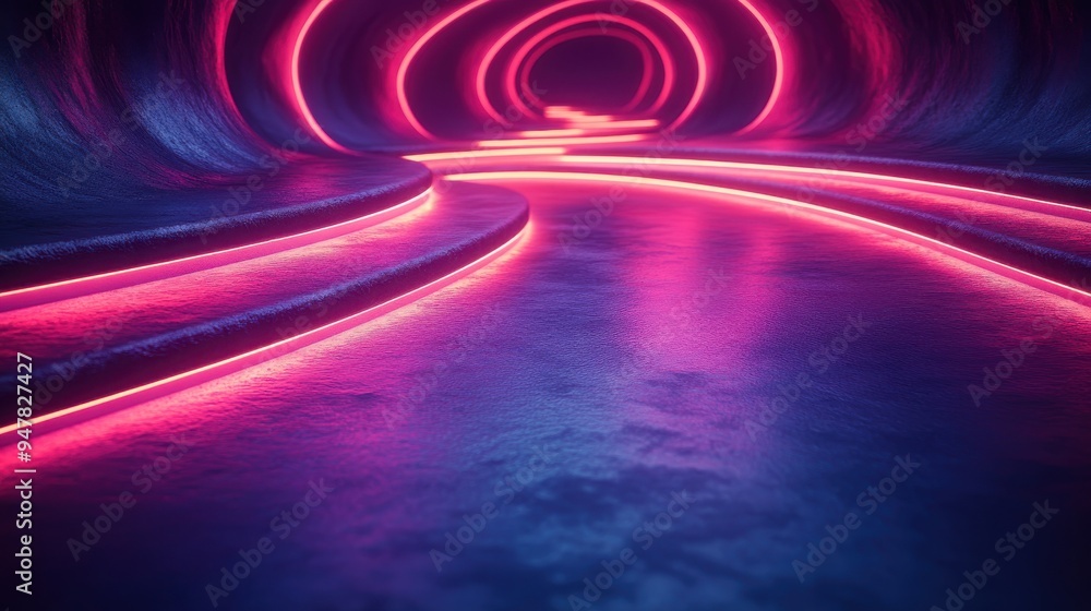 Poster 3d render abstract panoramic backgroun3d of wavy dynamic neon lines glowing in the dark room with floor reflection virtual fluorescent ribbon zigzag fantastic minimalist wallpaper