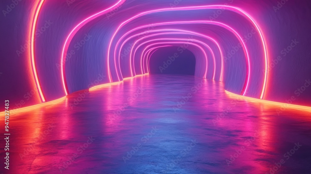 Poster 3d render abstract panoramic backgroun3d of wavy dynamic neon lines glowing in the dark room with fl