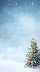 Fototapeta premium A serene winter landscape features a decorated Christmas tree surrounded by snow, creating a peaceful holiday atmosphere with gently falling snowflakes