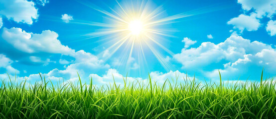 Obraz premium Illustration of green grass with a blue sky and sun