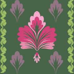 Abstract flowers, purple and pink on a dark green background.