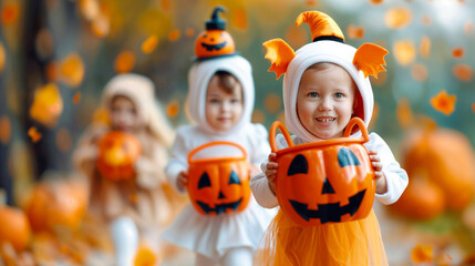 Three young children dressed in festive Halloween outfits joyfully carry orange pumpkin buckets, celebrating the season amidst a backdrop of colorful autumn leaves
