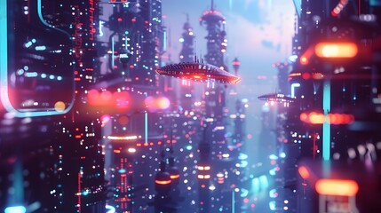 Obraz premium Futuristic Cityscape with Flying Vehicles