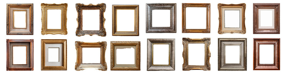 Set of empty picture frames in different styles and colors isolated on transparent background