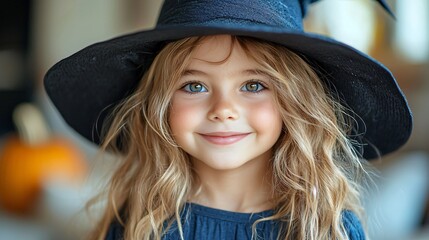 A smiling child in a witch costume for Halloween, perfect for party invitations, decorations, or themed events, with copy space.