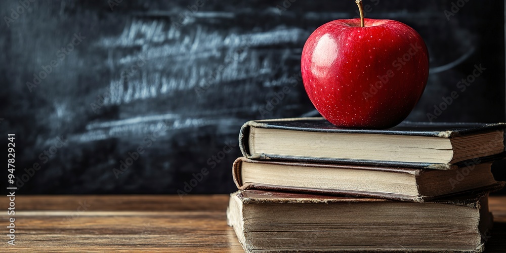 Poster stacking books with a red apple in the classroom in front of black board