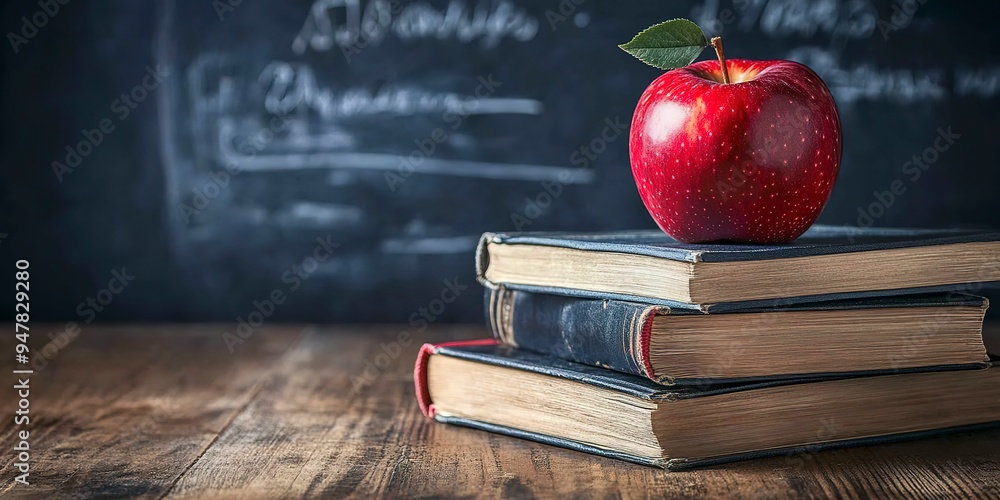 Poster stacking books with a red apple in the classroom in front of black board