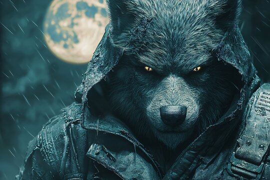 A captivating Halloween-themed image featuring a wolf man with a hooded jacket, set against a full moon, perfect for spooky decorations or marketing materials with copy space.