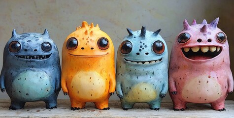 A charming set of cute cartoon happy monsters, perfect for Halloween-themed designs and festive decorations, with copy space.