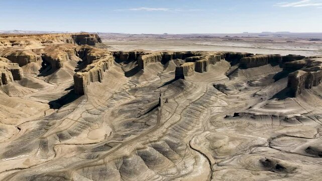 Aerial view of the beautiful arid canyon and dunes in Swing Arm City, Caineville, Utah, United States.