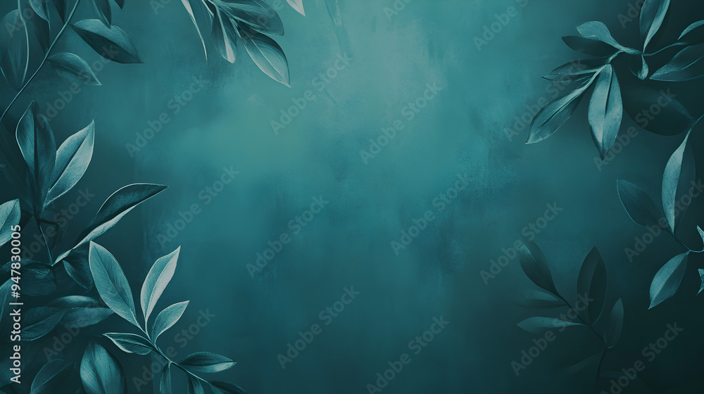 Poster elegant background featuring lush green leaves on a textured teal surface creating a serene and refr