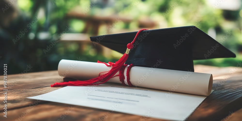 Sticker graduation cap on top of certificate celebrating passing final exam, achievement, success, education 