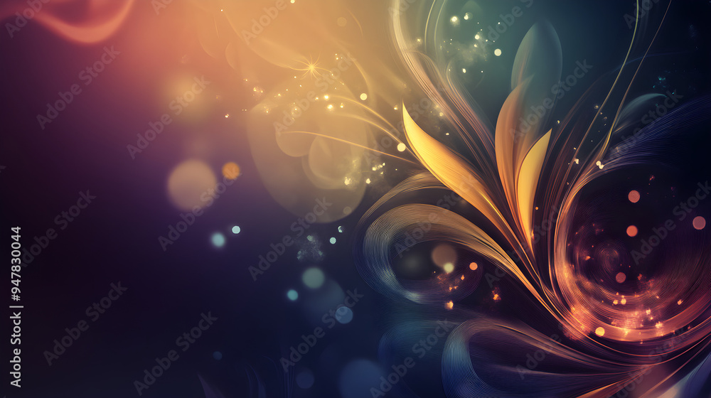 Poster a vibrant abstract background features flowing lines, soft glows, and delicate shapes, creating a my