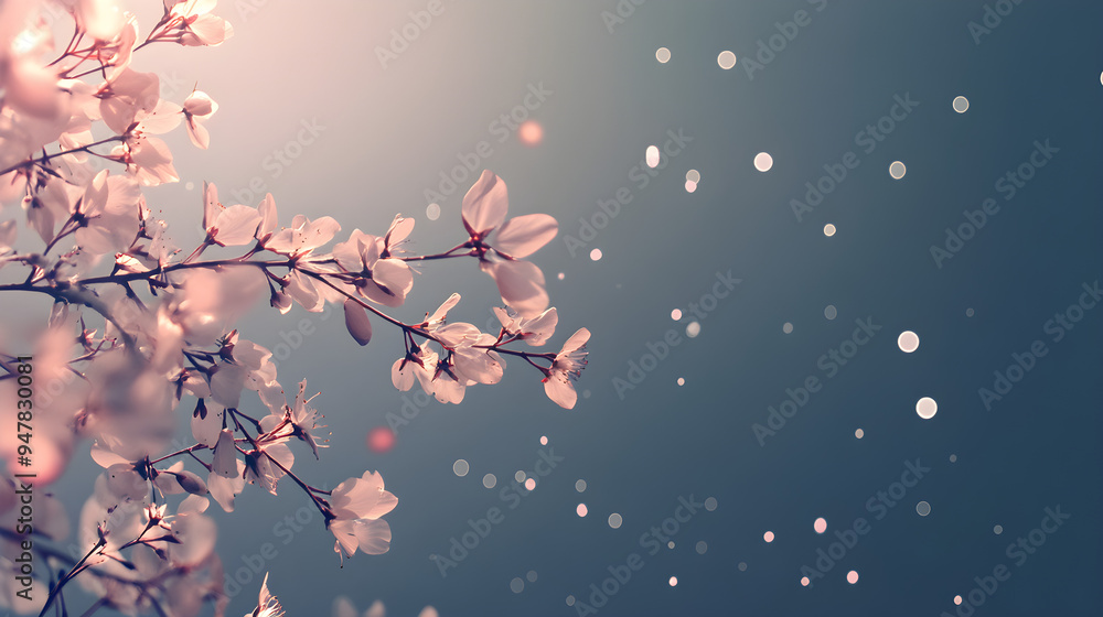 Poster delicate cherry blossoms bloom against a soft, dreamy background with sparkling bokeh lights creatin