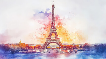 Eiffel Tower in Paris, delicate watercolor lines, no shadow, clean edges. 