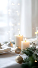 Elegant christmas table setting features white candles, golden ornaments, and greenery, creating a warm, inviting atmosphere perfect for holiday celebrations