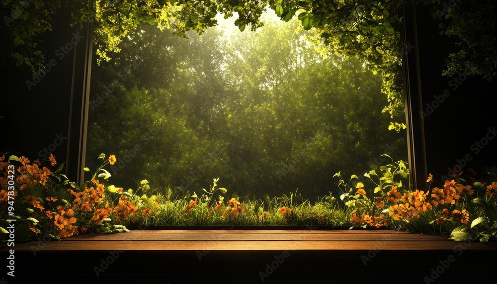 Poster a breathtaking view of vibrant flowers and lush greenery through an open window, inviting a serene c