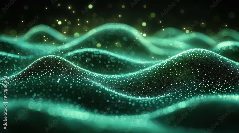 Poster 3d render abstract vortex of wavy green neon lines in motion isolate3d on black backgroun3d unfocuss