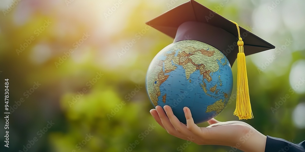 Wall mural Hand holding a globe with graduation cap, concept of knowledge, learning and graduation. 