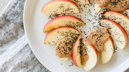 Fresh apple slices arranged beautifully on a plate, topped with creamy almond butter and sprinkled with chia seeds
