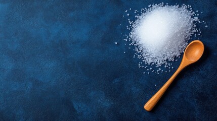 Naklejka premium A wooden spoon rests beside a mound of white sugar on a deep blue textured surface, showcasing a simple yet classic kitchen scene perfect for culinary themes.