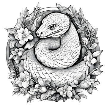 Symbol of the New Year - a snake in a plant circle on a white background, illustration of a graceful reptile, design elements, coloring book.