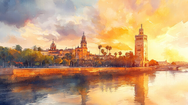 Torre del Oro, Seville, subtle watercolor illustration, no shadow, defined edges. 