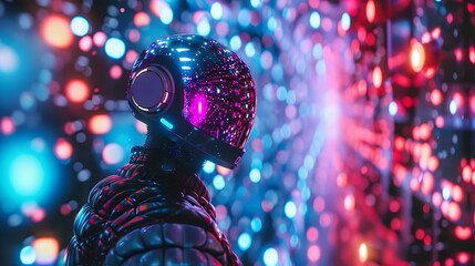 Person in a futuristic suit at a rave, neon lights and bokeh effect