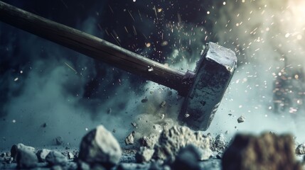 A powerful sledgehammer striking the ground, sending sparks and debris flying in an intense, dramatic moment frozen in time.
