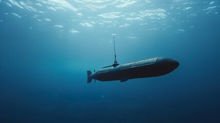 Fototapeta premium A sleek submarine glides quietly through the blue depths of an underwater expanse, highlighting the mystery and beauty of the ocean.