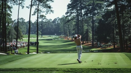 Obraz premium A golfer mid-swing on a lush green golf course, with tall trees and an audience in the background, depicting focus and skill in the serene outdoors.