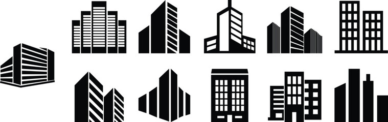 Obraz premium Building flat icons Set. City, Real estate, Architecture building vectors. City skyscraper, downtown. Apartment silhouette illustration isolated on transparent background. Modern and elegant styles.