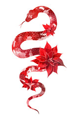 Christmas themed red snake with poinsettia flowers. Isolated clipart for Chinese New Year 2025. Merry Christmas sticker.