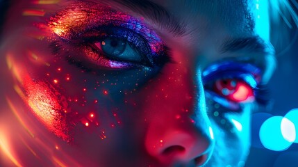 Naklejka premium Closeup of a Woman's Eye with Neon Makeup