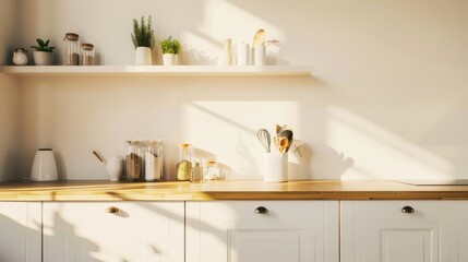 Bright and airy kitchen with minimalist design, featuring white cabinets, wooden countertops, and green plants bathed in natural light.