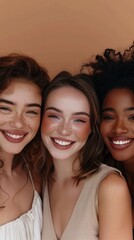 Three women with different skin tones are smiling and posing for a photo