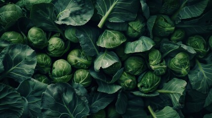 Obraz premium A lush bed of green brussels sprouts nestled among large leafy greens, displaying fresh, organic produce at its finest.