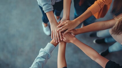 Group of hands joining together in unity amidst a supportive gathering indoors during daylight hours