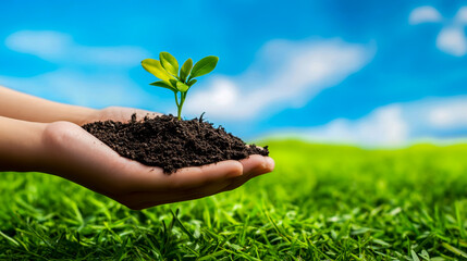 Hand holding small plant with soil on it against green grass and blue-sky background,