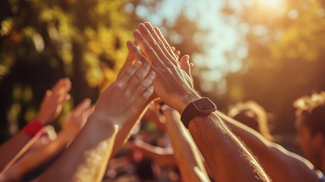 People giving high fives outdoors as sunlight filters through trees during a summer gathering