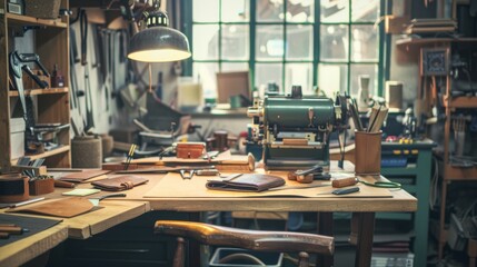 A well-organized, vintage-inspired workshop brimming with leatherworking tools and materials, illuminated by natural light from a large window, exuding creativity and skill.