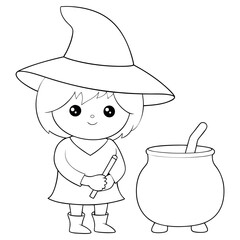 Charming little witch stirring a cauldron, black and white, Halloween web icons, children's illustrations, themed textiles, coloring book. Simple and cute style ideal for young audiences
